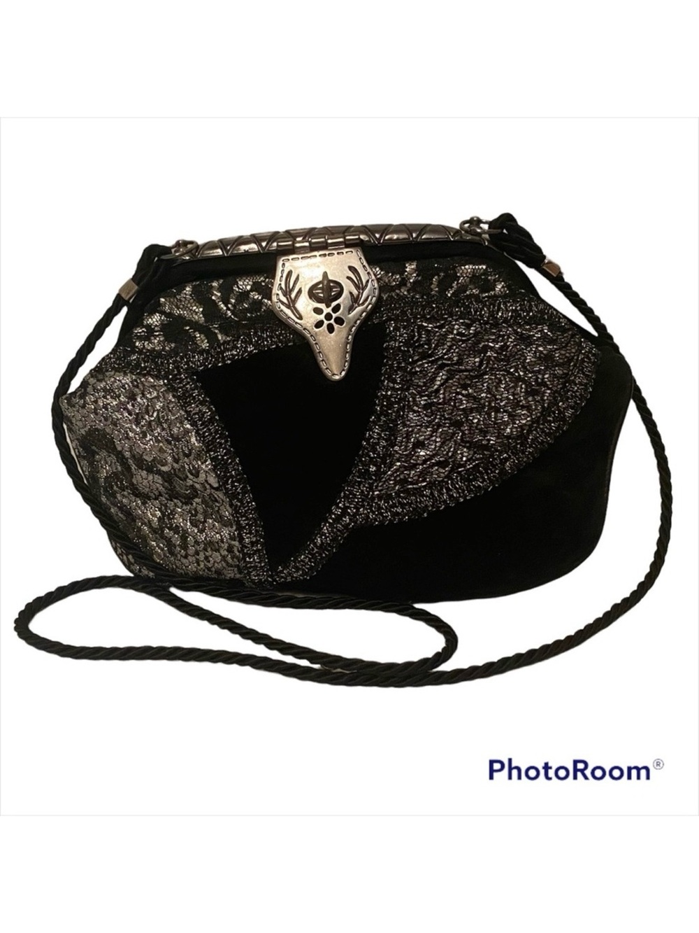 CACHE BAG CROSSBODY SHOULDER BLACK SILVER LONG CORD CLAM SHELL CLOSE ITALY